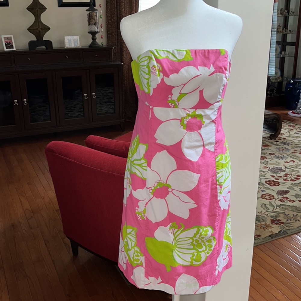 Lilly Pulitzer strapless floral dress pink, white & green with side zip